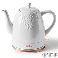 Toptier Electric Ceramic Tea Kettle, Boil Water Quickly and Easily, Detachable Swivel Base & Boil Dry Protection, Carefree Auto Shut Off, 1.5 L, White