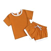 Toddlers Kids Girls Boys Fashional Ribbed Soild Short Sleeve Top Short Pants Infant 2pcs Pajamas Sleepwear