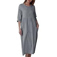 Dresses for Women 2024 Casual Plus Size, Women Comfortable Solid Color Round Neck Mid Sleeve Midi Dress French