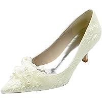 Womens Rhinestones Lace Slip On Pumps Comfort Street Shoes Pointed Toe Casual Pearl Wedding Kitten Heels Dress Bridal