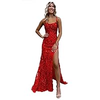 Basgute Sparkly Sequin Mermaid Prom Dresses for Women 2024 Spaghetti Straps Long Formal Evening Party Gown with Slit