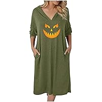 Women Halloween Hoodie Dress Pumpkin Face Print Shirt Dress Long Sleeve V Neck Swing Loose Tunic Dress with Pockets