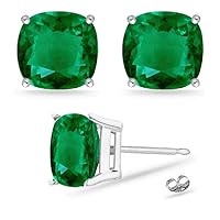 Lab Created Cushion Cut Emerald Stud Earrings in 14K White Gold Available in 5mm - 8mm