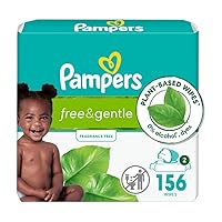 Pampers Free & Gentle 100% Plant-Based Fragrance Free Baby Wipes, 2 Flip-Top Packs (156 Wipes Total)