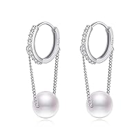 Reffeer Solid 925 Sterling Silver Pearl Dangle Earrings Hoop for Women Teen Girls Pearl Huggie Hoop Earrings Dangle
