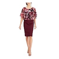 Connected Apparel Womens Burgundy Stretch Zippered Floral Cape Overlay V-Back Sleeveless Boat Neck Knee Length Wear to Work Sheath Dress 10