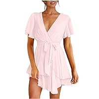 Dresses for Women 2024 Trendy Double Layer Ruffle Flowy Summer Dresses Sexy Low Cut Flutter Sleeve Party Mini Dress