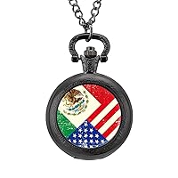 USA and Mexican Flag Fashion Quartz Pocket Watch White Dial Arabic Numerals Scale Watch with Chain for Unisex