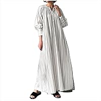 Women's Striped Button Henley Cotton Linen Shirts Maxi Dresses Casual Loose Lantern Long Sleeve Flared A-Line Dress