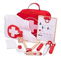 Doctors Set for Kids - 10 Piece Wooden Doctors Set with Kids Stethoscope, Thermometer, Medicine & More in Colourful Doctors Case - Ideal for Pretend Play & Role Play