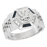 Mens Sterling Silver Hexagonal Eagle Ring Cubic Zirconia Stones & Black Onyx Accents 9/16 inch Wide
