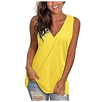 Womens Tank Tops Summer Shirts, Sleeveless Casual Loose Tunic Blouses, Solid Deep V Neck Tee Shirts with Pocket