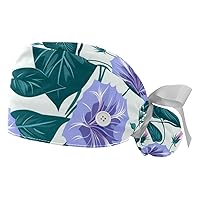 2 Pack Surgical Cap with Button Sweatband, Purple Iris Pattern Working Cap Ponytail Holder for Women Long Hair