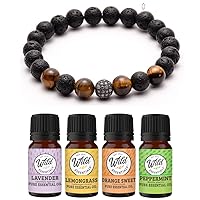 Wild Essentials Tiger Eye Lava Stone Essential Oil Diffuser Bracelet, Expandable up to 8 inches, Aromatherapy Jewelry Gift Set and 100% Pure Oils (Lavender, Lemongrass, Orange and Peppermint)