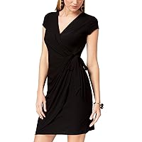 INC Womens Black Cap Sleeve V Neck Short Faux Wrap Cocktail Dress Size M