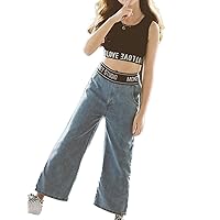 FEESHOW Big Girls' Wide Leg Denim Jeans High Waist Pants Trousers and Crop Top Vest Jazz Hip Hop Street wear Outfits