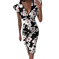 EFOFEI Women's Sexy Deep V Neck Slim Fit Party Dress Ruffle Sleeve Bodycon Evening Dress Floral Print Ruched Cocktail Dress