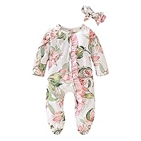 Newborn Infant Baby Girl Boy Ruffle Floral Footed Sleeper Romper Headband Clothes Outfits Baby Girl Outfit