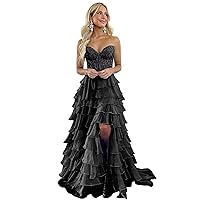 Lace Strapless Corset Prom Dresses with Slit 2024 Long Tiered Ruffle Chiffon Formal Evening Dress for Women