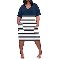 Womens Summer Dresses 2024 Summer Plus Size V Neck Short Sleeve Knee Pocket Prints Casual Dress