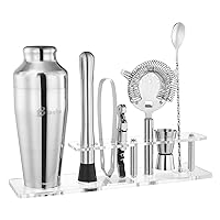 Cocktail Shaker Set with Arcylic Stand, Mixology Bartender Kit for Drink Mixing | Mixology Set with 7 Bar Set Tools Cocktail Kit (Silver)
