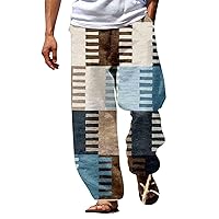 Men's Cotton Linen Drawstring Pants Summer Casual Color Block Elastic Waist Wide Leg Loose Fit Pants with Pockets