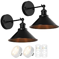 Black Vintage Wireless Battery Operated Wall Sconces, Industrial Cordless Battery Powered Led Wall Lights Set of 2, Wall Lamp Fixture Indoor with Remote Control for Bedroom Farmhouse Gallery