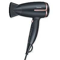 Beurer HC25 Ionic Hair Dryer for Travel with Voltage Switch 1600W Anti Frizz Blow Dryer, Foldable Handle, Lightweight Styler, Nozzle Attachment, Storage Bag, Black and Rose Gold