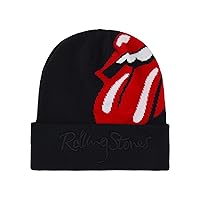 The Rolling Stones Beanie Hat, Winter Knit Cap with Jacquard Lips Logo and Cuff, Black, One Size
