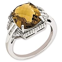 925 Sterling Silver Polished Diamond and Whiskey Quartz Ring Size 7 Jewelry for Women