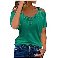 ZunFeo Womens Sexy Tops V Neck Lace Trim Dressy Tunic Shirts Loose Fit Cold Shoulder Solid Chiffon Blouses Soft Lightweight