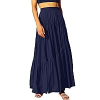 ANRABESS Women’s Boho Elastic High Waist Pleated A-Line Flowy Swing Asymmetric Tiered Maxi Long Skirt Dress with Pockets