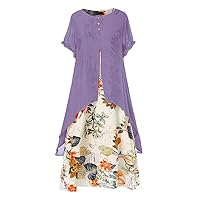 Women's Boho Floral Cotton Linen Maxi Dresses Flowy Loose Casual Long T Shirt Dresses Plus Size