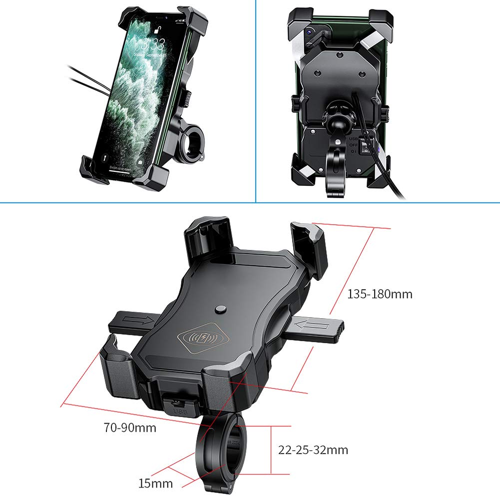 iMESTOU Motorcycle Wireless 15W Qi/USB Quick Charger 3.0 Phone Holder 2 in 1 Mount on 22-32mm Handlebar or Rear-View Mirror Fast Charging for 3.5-6.8 inch Cellphones