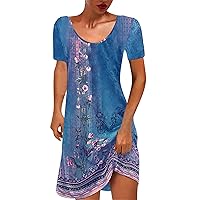 V-Neck Dresses for Women, Women Vintage Printed Shirt Dress Loose Short Sleeve Midi Dress Casual Beach Sundresses