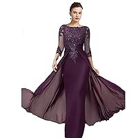 Mother of The Bride Dress Elegant Jewel Neck Asymmetrical Floor Length Chiffon Lace 3/4 Length Sleeve with Sequin Appliques