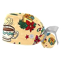 2 Packs Adjustable Working Caps Bouffant Hat with Buttons Stretchy Band Tie Back Scrub Hats for Women Men Cactu Flower