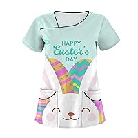 Easter Egg Print Tee Women's Summer Tshirt Short Sleeve Tops Trendy Blouse Slant Collar 2024 Double Pocket Shirt