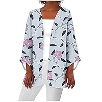 Lightweight Cardigan for Women Summer Open Front 3/4 Sleeve Kimono Cardigan Printed Blouse Casual Beach Cover Up Tops