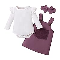 iiniim 3Pcs Baby Girl Skirts Set Ruffled Sleeve Ribbed Romper Bodysuit Suspender Skirt Overalls Dress Clothes Outfits
