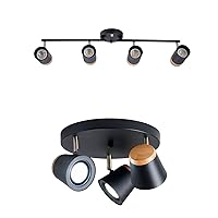 Industrial 4-Light Adjustable Track Lighting Kit Bundle 3- Light Track Ceiling Light,GU10 Bulb with Metal and Wood Shade for Kitchen Sink, Kitchen Island,Picture,Display,Laundry