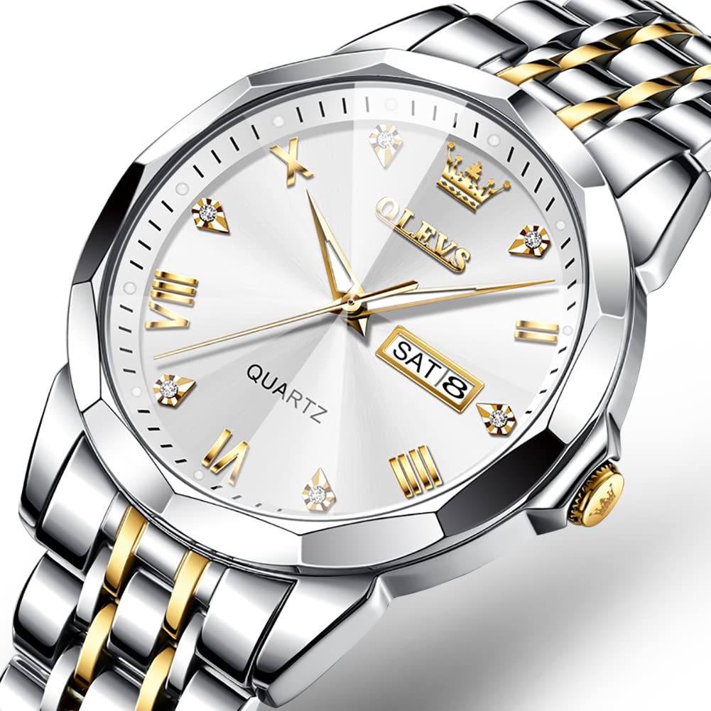 OLEVS Uhren Herren Diamant Business Kleid Analog Quarz Edelstahl Wasserdicht Leuchtdatum Zweifarbig Luxus Casual Armbanduhr Geschenke für Männer