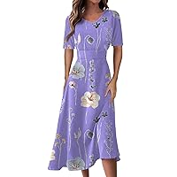 Dresses for Women Summer Trendy Swing Long Dress V Neck Floral Printed Waist Maxi Dress Flowy Short Sleeve Dress