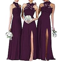 Halter Bridesmaid Dresses Split Lace Chiffon Long Prom Formal Gowns for Women