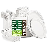 Jeopace Paper Plates Set 250PCS,Eco Paper Plates for Party,9 Inch and 7 Inch Sugarcane Bagasse Biodegradable Paper Plates,Cornstarch Forks,Knives and Spoons Plates Set for 50 People(White)