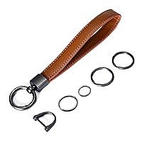 Car Key Fob Keychain Holder Genuine Leather Wristlet Loop Key Chain Circle Carabiner Clip for Men and Women with Anti-lost D Ring, Screwdriver, 4 Key Rings, 360 Degree Rotatable, Metal and Coffee