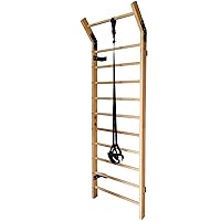 Swedish Ladder Wood Stall Bar Suspension Trainer – Physical Therapy & Gymnastics Ladder w/ 11 Strategic Rods and Training Strap. Solid Pine.