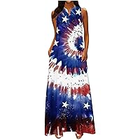 4th of July Distressed Stars Stripes Patriotic Tank Dresses Summer V Neck Sleeveless Trendy Swing Tunic Maxi Dress