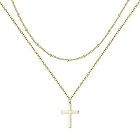 Harlorki Dainty Simple 14K Gold Plated Layered Link Chain Choker Cross Pendant Necklace Fashion Jewelry Gift for Women Lady Girl