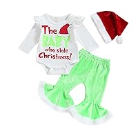Baby Girls Boys Christmas Outfits Set Letter Print Romper Green Long Pants Santa Hat 3PCS Toddler Girls Xmas Clothes